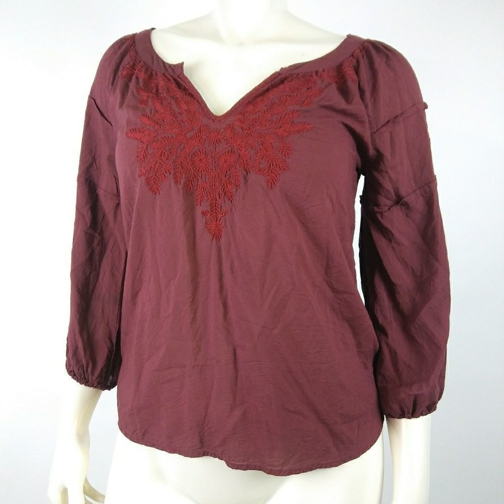 LUCKY BRAND Maroon Embroidered Tunic Top Small Split Neck